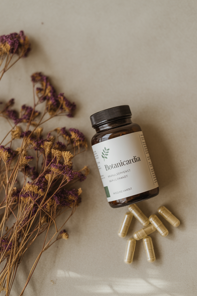BotaniCardia herbal supplement bottle beside dried botanicals on a neutral surface